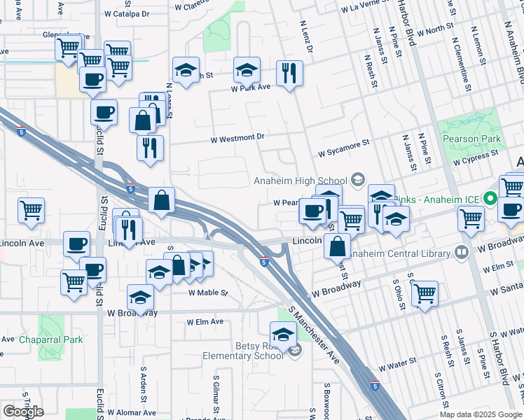 map of restaurants, bars, coffee shops, grocery stores, and more near 1340 West Pearl Street in Anaheim