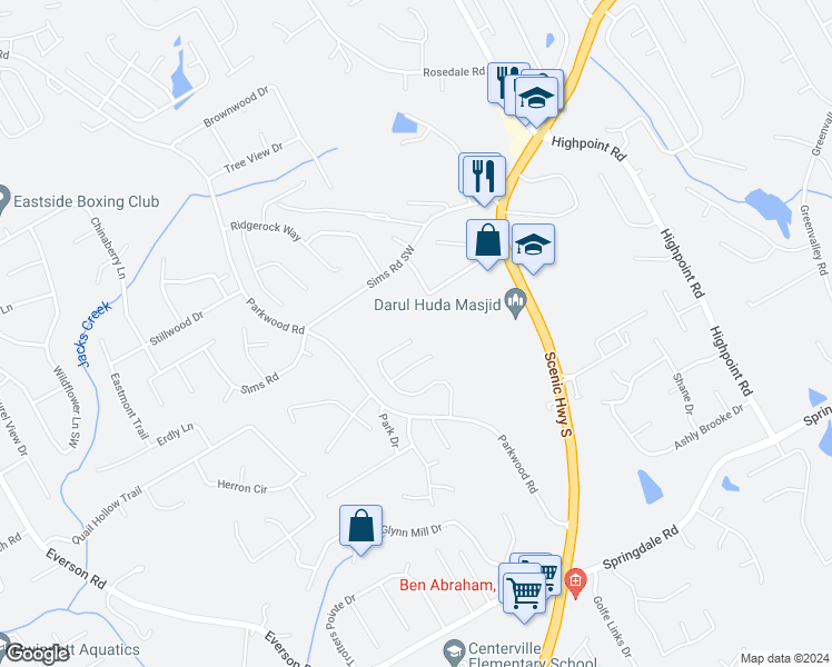 map of restaurants, bars, coffee shops, grocery stores, and more near 2720 Rusticwood Drive Southwest in Snellville