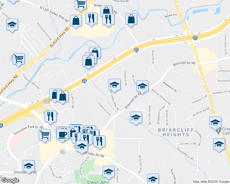 map of restaurants, bars, coffee shops, grocery stores, and more near 1970 Cliff Valley Way Northeast in Atlanta