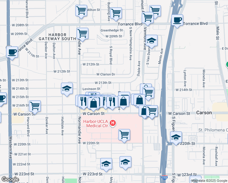 map of restaurants, bars, coffee shops, grocery stores, and more near 21420 Meyler Street in Torrance