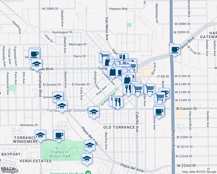 map of restaurants, bars, coffee shops, grocery stores, and more near 1424 Post Avenue in Torrance