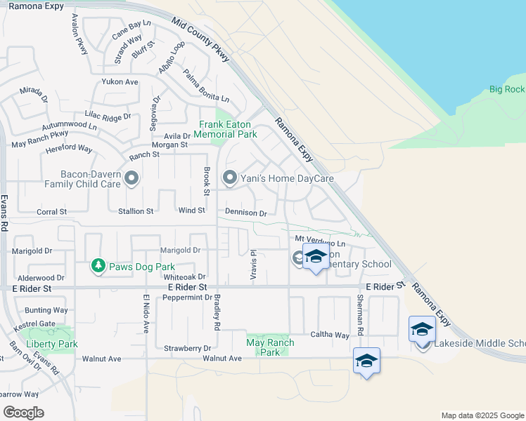 map of restaurants, bars, coffee shops, grocery stores, and more near 1715 Dennison Drive in Perris