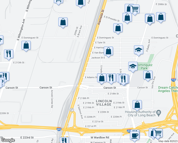 map of restaurants, bars, coffee shops, grocery stores, and more near 2527 East Jefferson Street in Carson