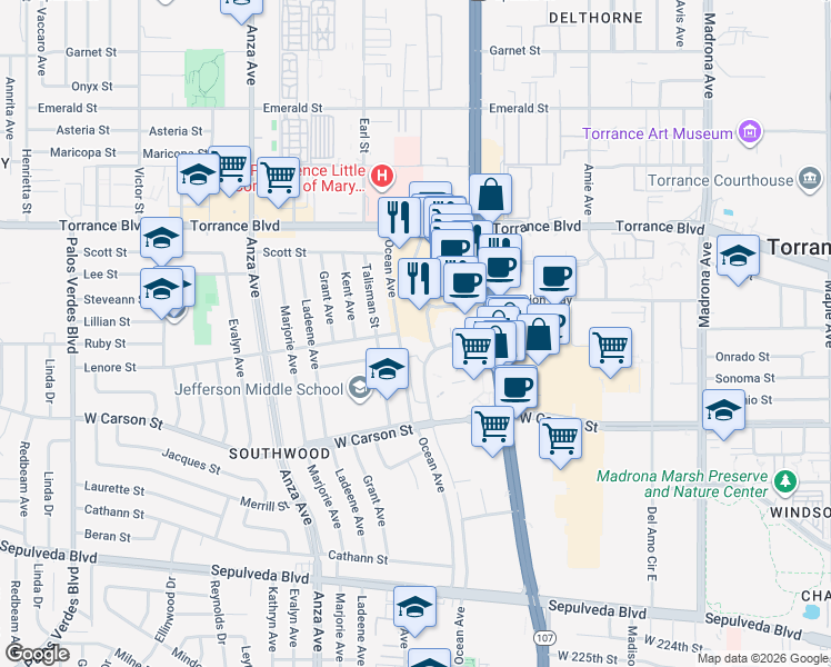 map of restaurants, bars, coffee shops, grocery stores, and more near 21345 Hawthorne Boulevard in Torrance