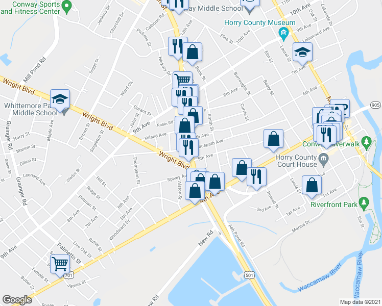 map of restaurants, bars, coffee shops, grocery stores, and more near 516 Church Street in Conway
