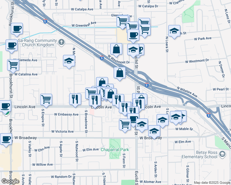 map of restaurants, bars, coffee shops, grocery stores, and more near Unnamed Road in Anaheim