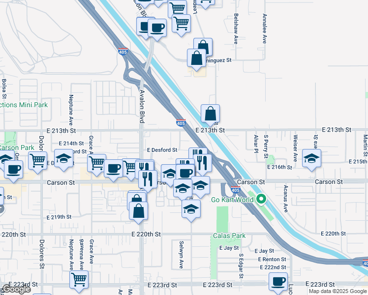 map of restaurants, bars, coffee shops, grocery stores, and more near 849 East Desford Street in Carson