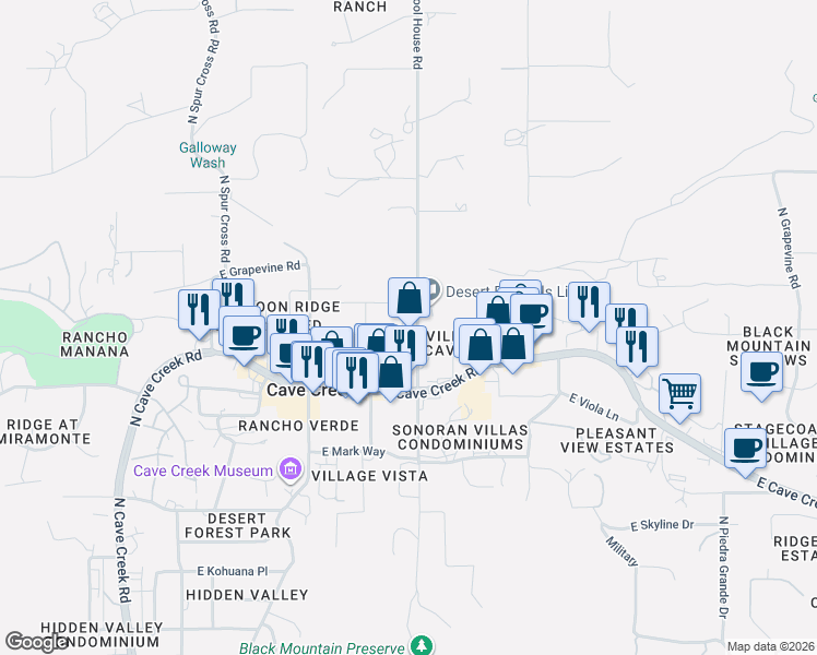 map of restaurants, bars, coffee shops, grocery stores, and more near 38406 North School House Road in Cave Creek
