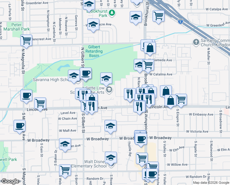 map of restaurants, bars, coffee shops, grocery stores, and more near 615 North Ventura Street in Anaheim