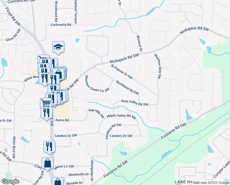 map of restaurants, bars, coffee shops, grocery stores, and more near 418 Saint Albans Court Southwest in Mableton
