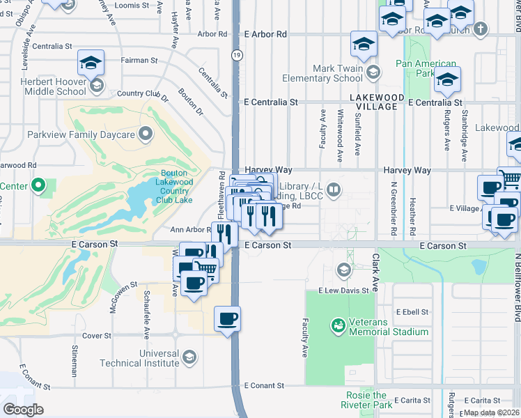 map of restaurants, bars, coffee shops, grocery stores, and more near 4202 Pepperwood Avenue in Long Beach
