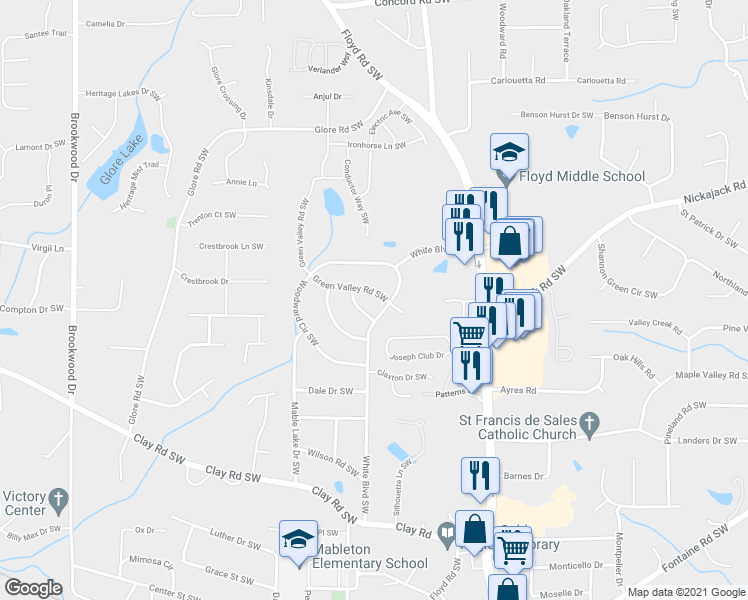 map of restaurants, bars, coffee shops, grocery stores, and more near 905 Green Valley Road Southwest in Mableton