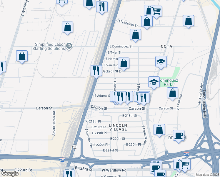 map of restaurants, bars, coffee shops, grocery stores, and more near 2561 East Jefferson Street in Long Beach