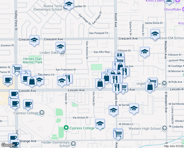 map of restaurants, bars, coffee shops, grocery stores, and more near 6741 Lincoln Avenue in Buena Park
