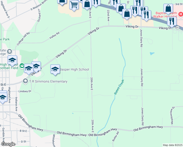 map of restaurants, bars, coffee shops, grocery stores, and more near 20th Avenue East in Jasper