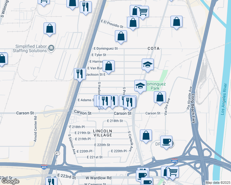 map of restaurants, bars, coffee shops, grocery stores, and more near 2653 East Jefferson Street in Long Beach