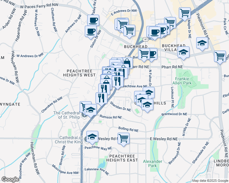map of restaurants, bars, coffee shops, grocery stores, and more near 2900 Peachtree Road Northwest in Atlanta