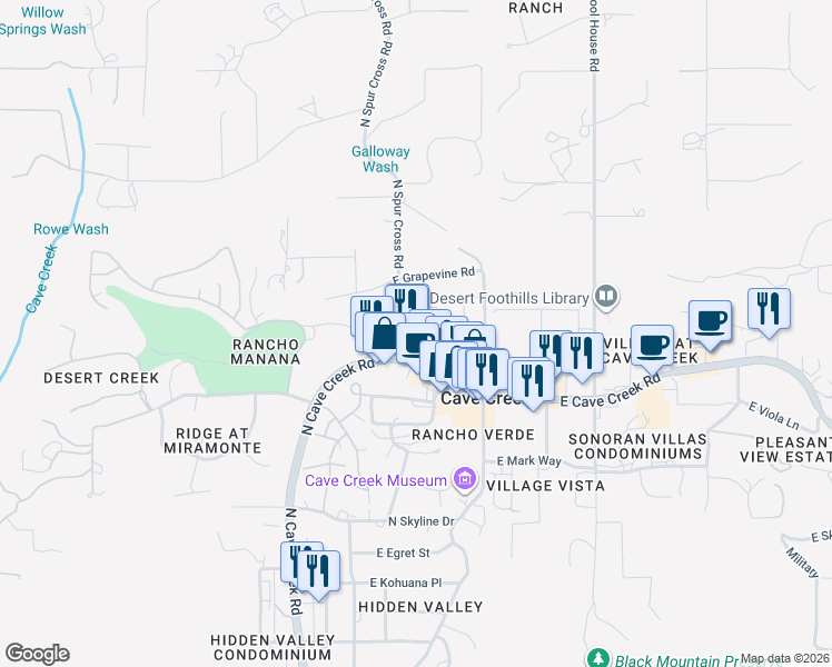 map of restaurants, bars, coffee shops, grocery stores, and more near 6087 East Knolls Way in Cave Creek