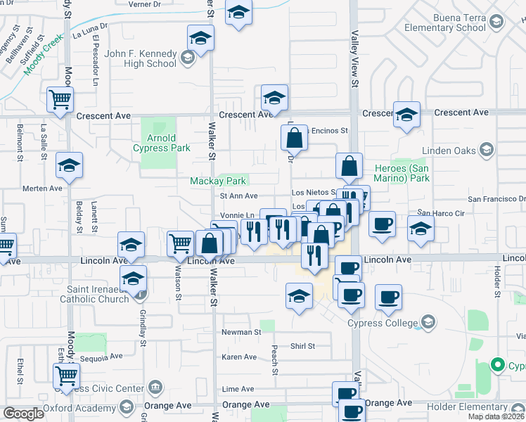 map of restaurants, bars, coffee shops, grocery stores, and more near 5671 Vonnie Lane in Cypress