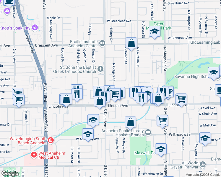 map of restaurants, bars, coffee shops, grocery stores, and more near 2776 West Yale Avenue in Anaheim