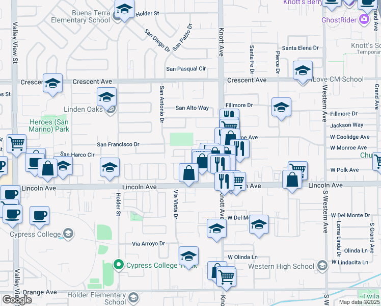 map of restaurants, bars, coffee shops, grocery stores, and more near 6741 Lincoln Avenue in Buena Park