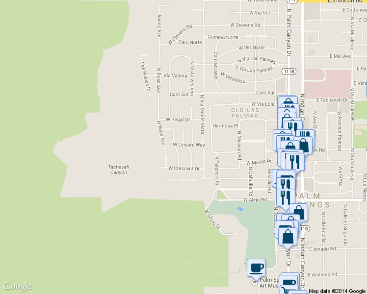 map of restaurants, bars, coffee shops, grocery stores, and more near 753 West Leisure Way in Palm Springs