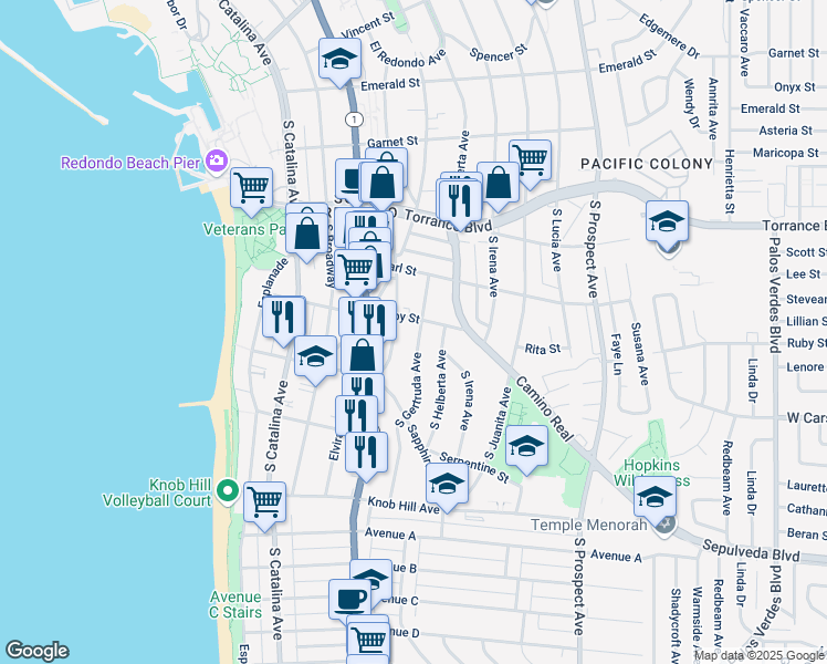 map of restaurants, bars, coffee shops, grocery stores, and more near 506 South Gertruda Avenue in Redondo Beach