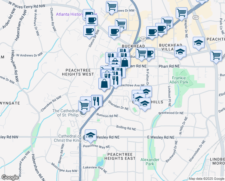 map of restaurants, bars, coffee shops, grocery stores, and more near 2900 Peachtree Street Northeast in Atlanta