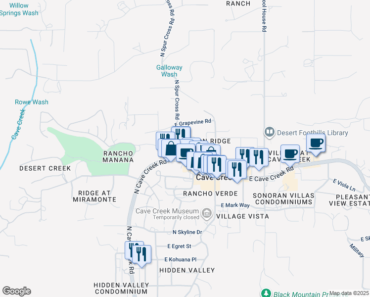 map of restaurants, bars, coffee shops, grocery stores, and more near 6067 East Knolls Way South in Cave Creek