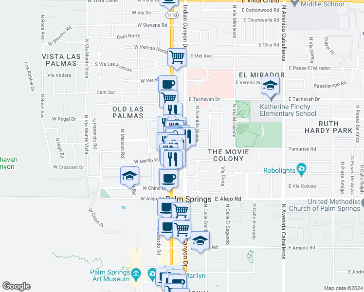 map of restaurants, bars, coffee shops, grocery stores, and more near 140 East Tamarisk Road in Palm Springs