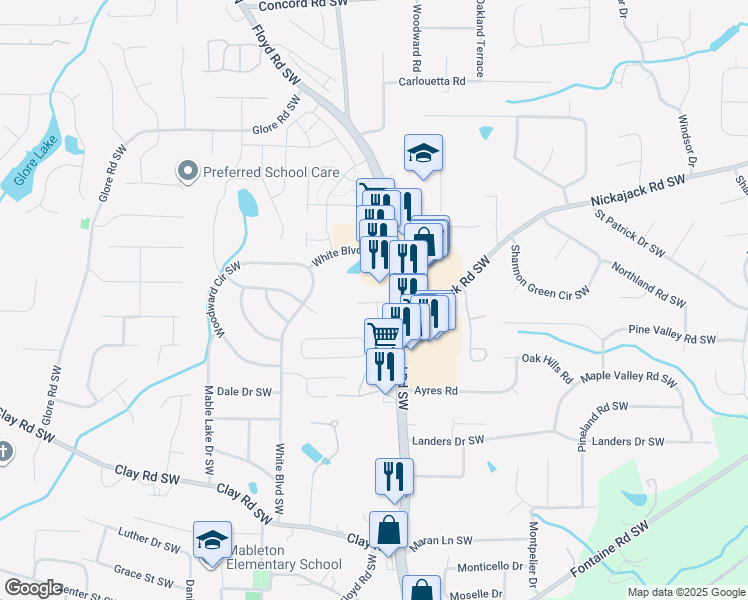 map of restaurants, bars, coffee shops, grocery stores, and more near 4901 Nickajack Road Southwest in Mableton