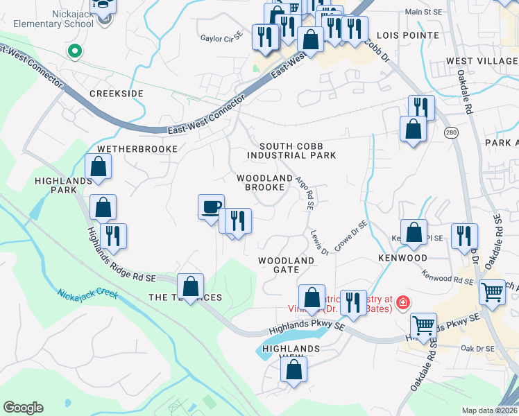 map of restaurants, bars, coffee shops, grocery stores, and more near 4951 Durley Walk Southeast in Smyrna