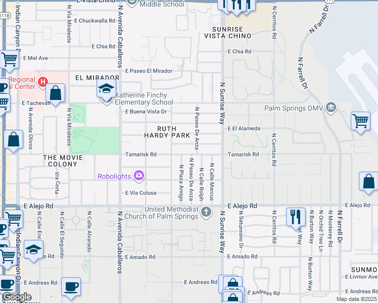 map of restaurants, bars, coffee shops, grocery stores, and more near 1356 Tamarisk Road in Palm Springs