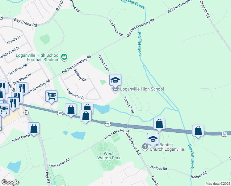 map of restaurants, bars, coffee shops, grocery stores, and more near 100 Trident Trail in Loganville