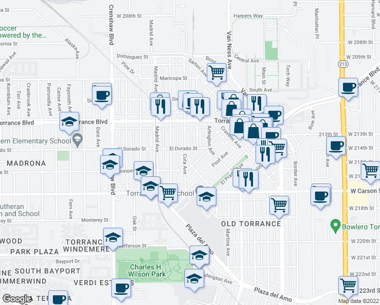 map of restaurants, bars, coffee shops, grocery stores, and more near 1410 Cota Avenue in Torrance