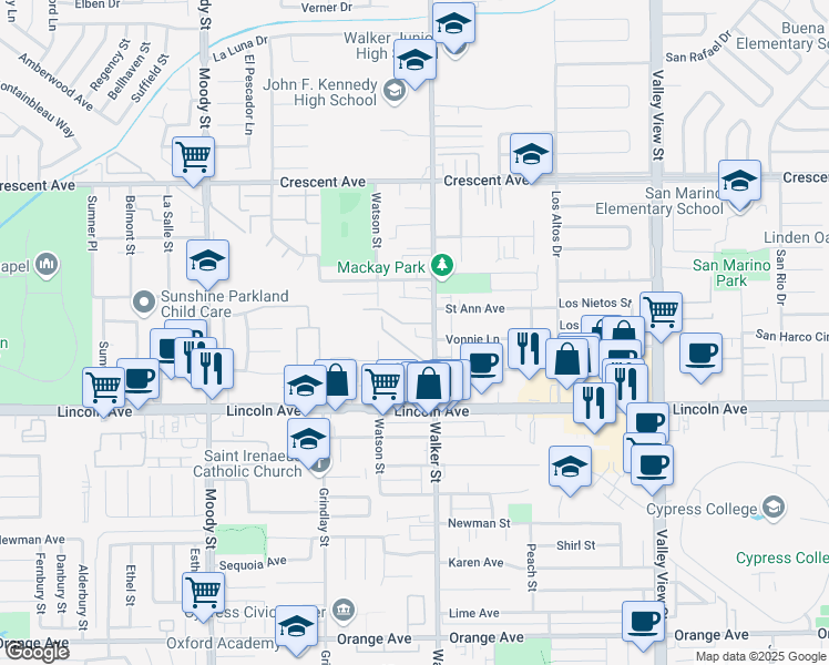 map of restaurants, bars, coffee shops, grocery stores, and more near 5420 Brittany Way in Cypress