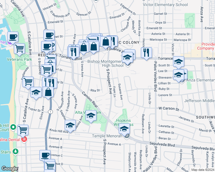 map of restaurants, bars, coffee shops, grocery stores, and more near 502 South Maria Avenue in Redondo Beach