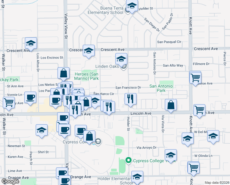 map of restaurants, bars, coffee shops, grocery stores, and more near 6399 San Harco Circle in Buena Park