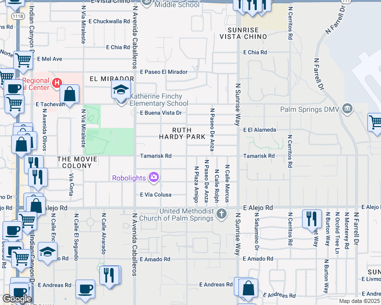map of restaurants, bars, coffee shops, grocery stores, and more near 1222 Tamarisk Road in Palm Springs