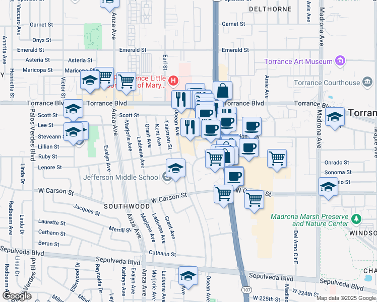 map of restaurants, bars, coffee shops, grocery stores, and more near 21345 Hawthorne Boulevard in Torrance