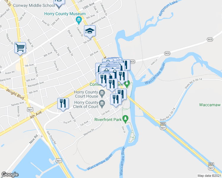 map of restaurants, bars, coffee shops, grocery stores, and more near 215 Laurel Street in Conway