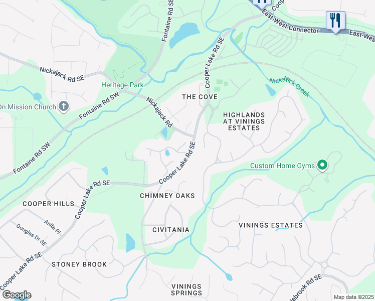 map of restaurants, bars, coffee shops, grocery stores, and more near 598 Lakeview Terrace Southeast in Mableton