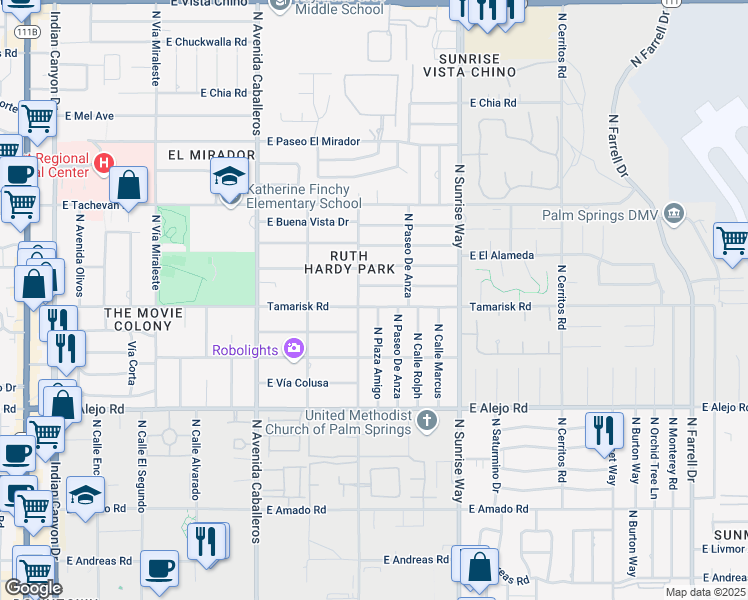 map of restaurants, bars, coffee shops, grocery stores, and more near 1280 Tamarisk Road in Palm Springs