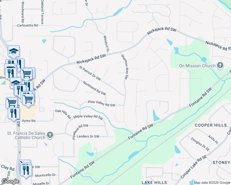 map of restaurants, bars, coffee shops, grocery stores, and more near 269 Saint Patrick Drive Southwest in Mableton