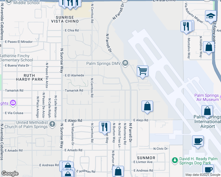 map of restaurants, bars, coffee shops, grocery stores, and more near 2380 East Tamarisk Road in Palm Springs