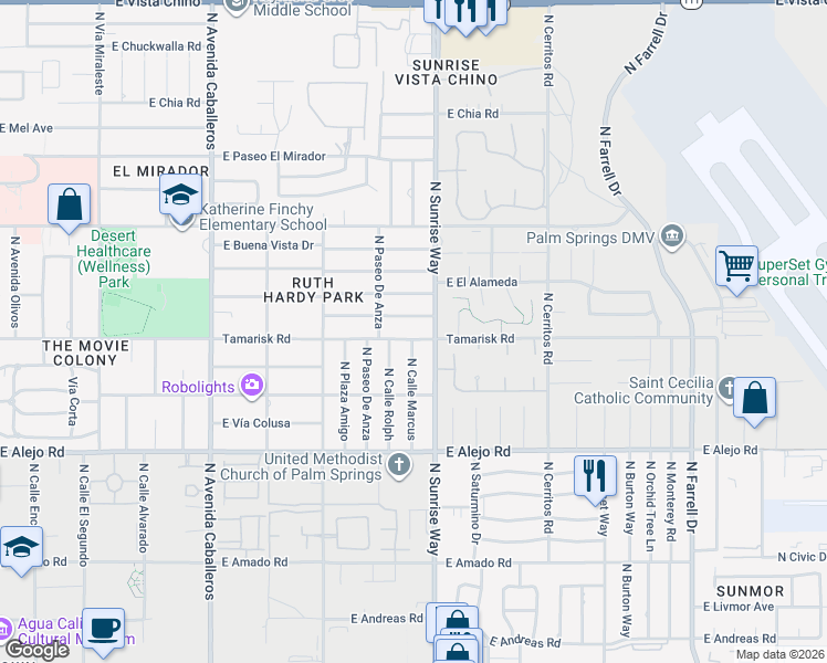 map of restaurants, bars, coffee shops, grocery stores, and more near 1610 East Tamarisk Road in Palm Springs