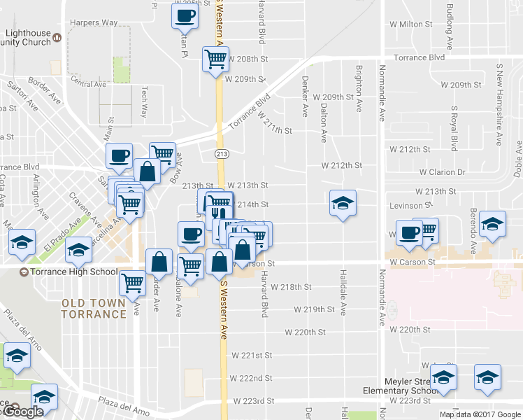 map of restaurants, bars, coffee shops, grocery stores, and more near 21403 Harvard Boulevard in Torrance
