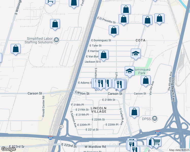map of restaurants, bars, coffee shops, grocery stores, and more near 2561 East Jefferson Street in Long Beach