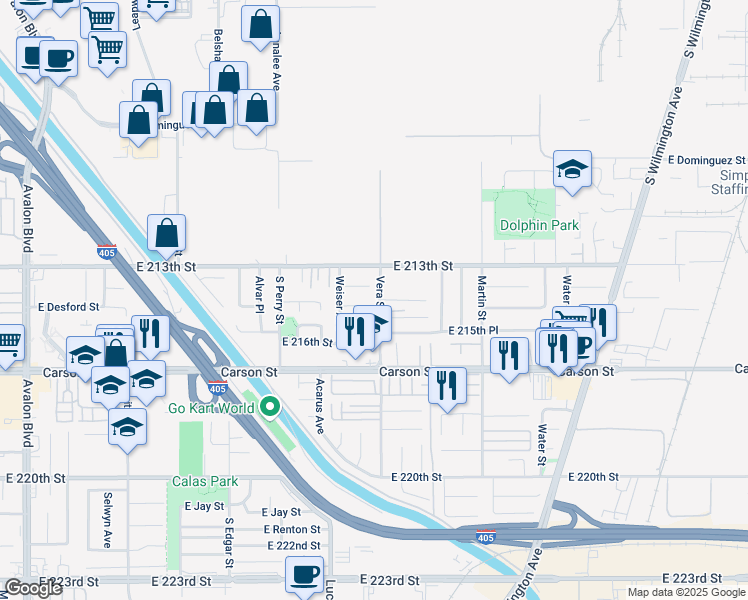 map of restaurants, bars, coffee shops, grocery stores, and more near 1317 East 215th Street in Carson