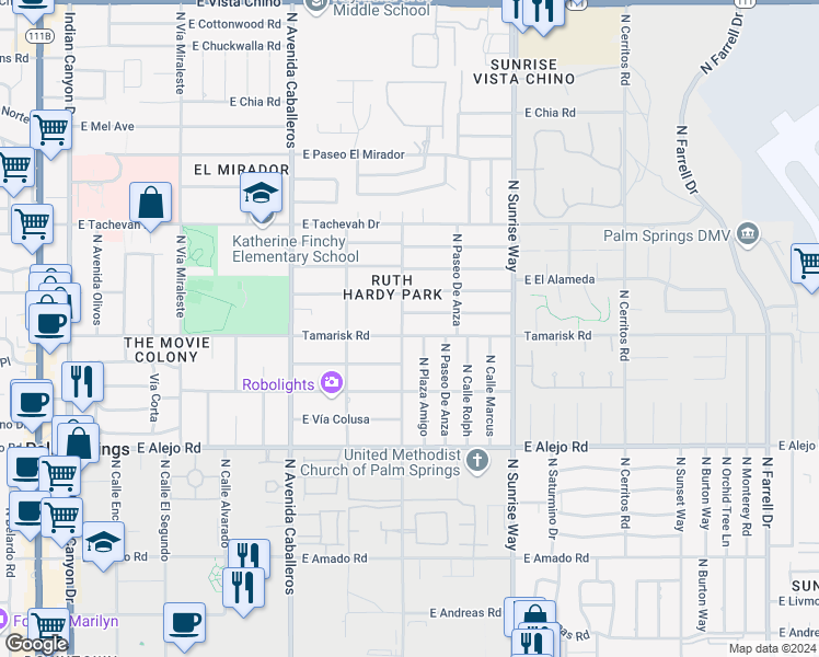map of restaurants, bars, coffee shops, grocery stores, and more near 1222 Tamarisk Road in Palm Springs